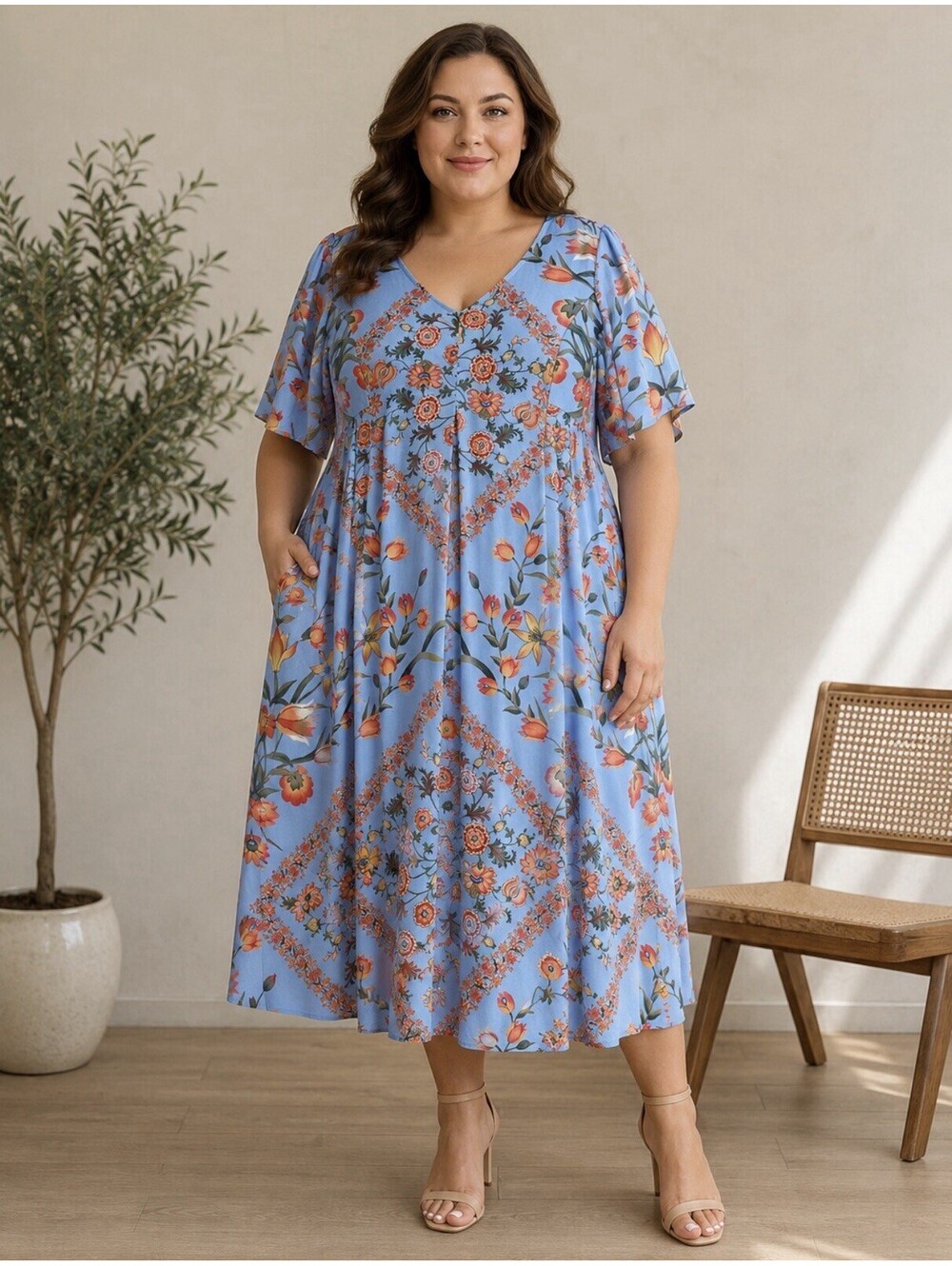 eShakti Wayward Fancies Floral Print Blue Orange Georgette Empire Dress Size 3X